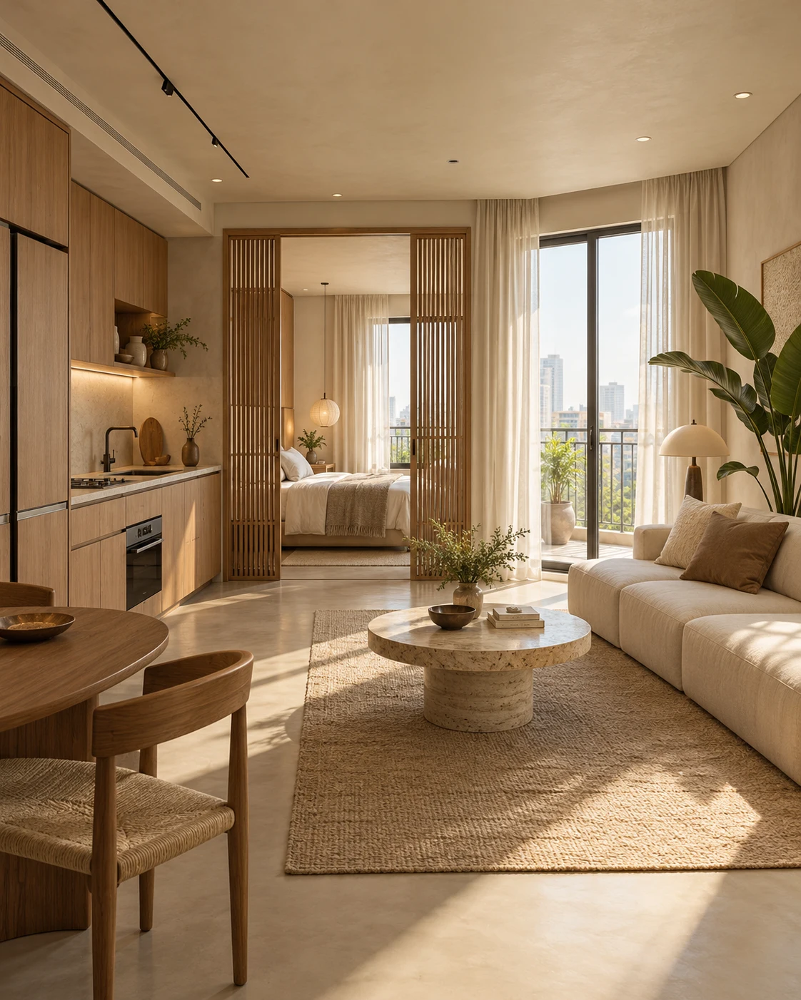 Phối cảnh AI căn hộ Saigon Japandi với gỗ sáng, sofa vải và phòng ngủ sau vách trượt